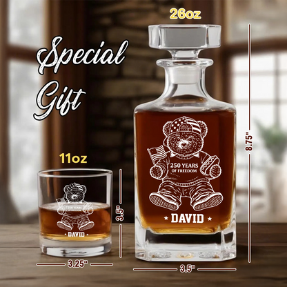 Personalized America 250 Years Engraved Whiskey Decanter Set, Patriotic Teddy Bear Gift 1776–2026 THUC99