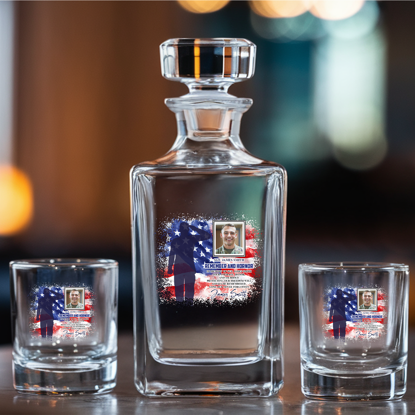 Custom Photo Memorial Military 4th of July Decanter With Whiskey Set, Military Soldier Gift, Patriotic Gift for Veterans, Gift For Independence Day, Veteran Whiskey Glass TND099