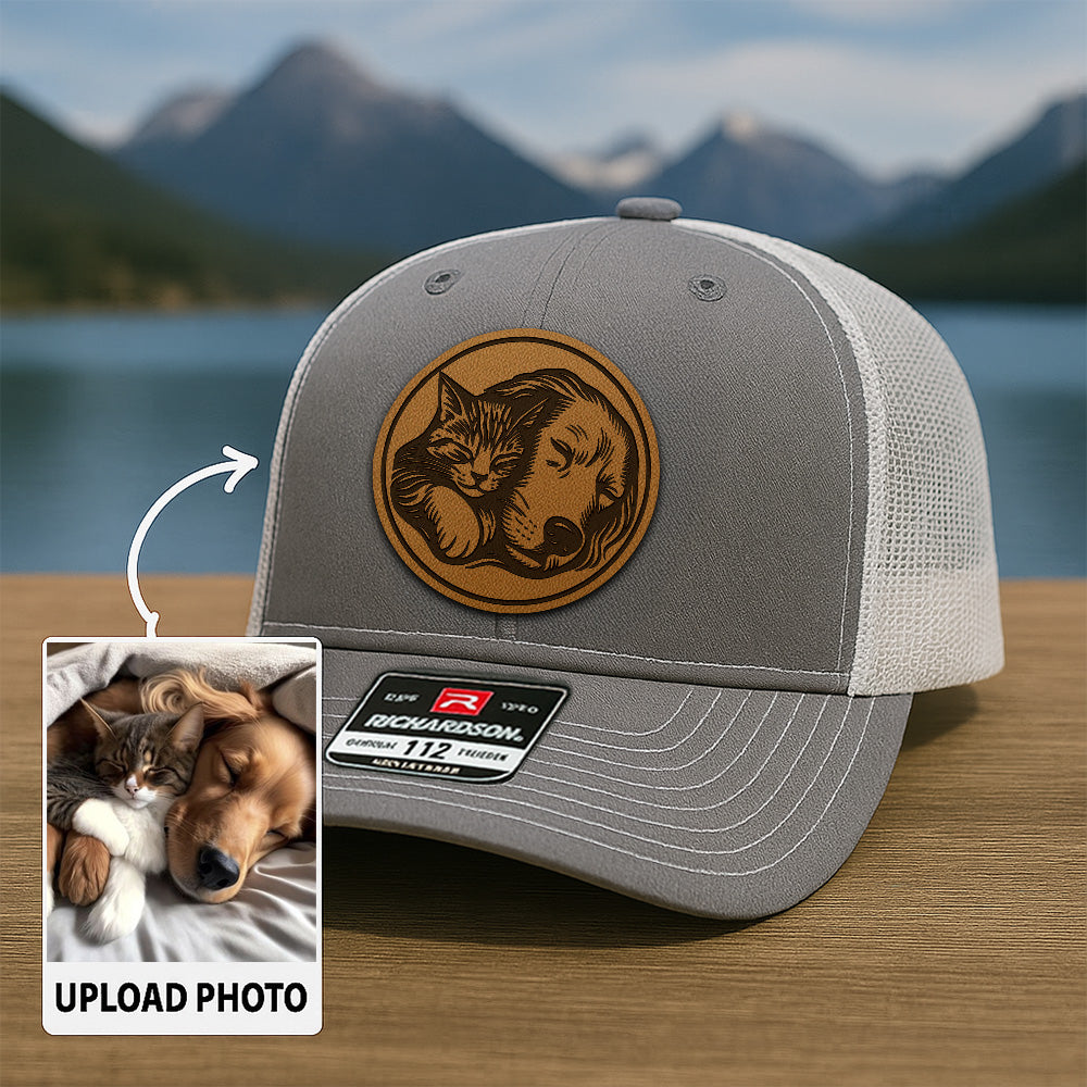 Custom Pet Photo Trucker Hat | Personalized Dog & Cat Patch Leather Patch Hat | Gift For Pet Lovers TNGANSP016