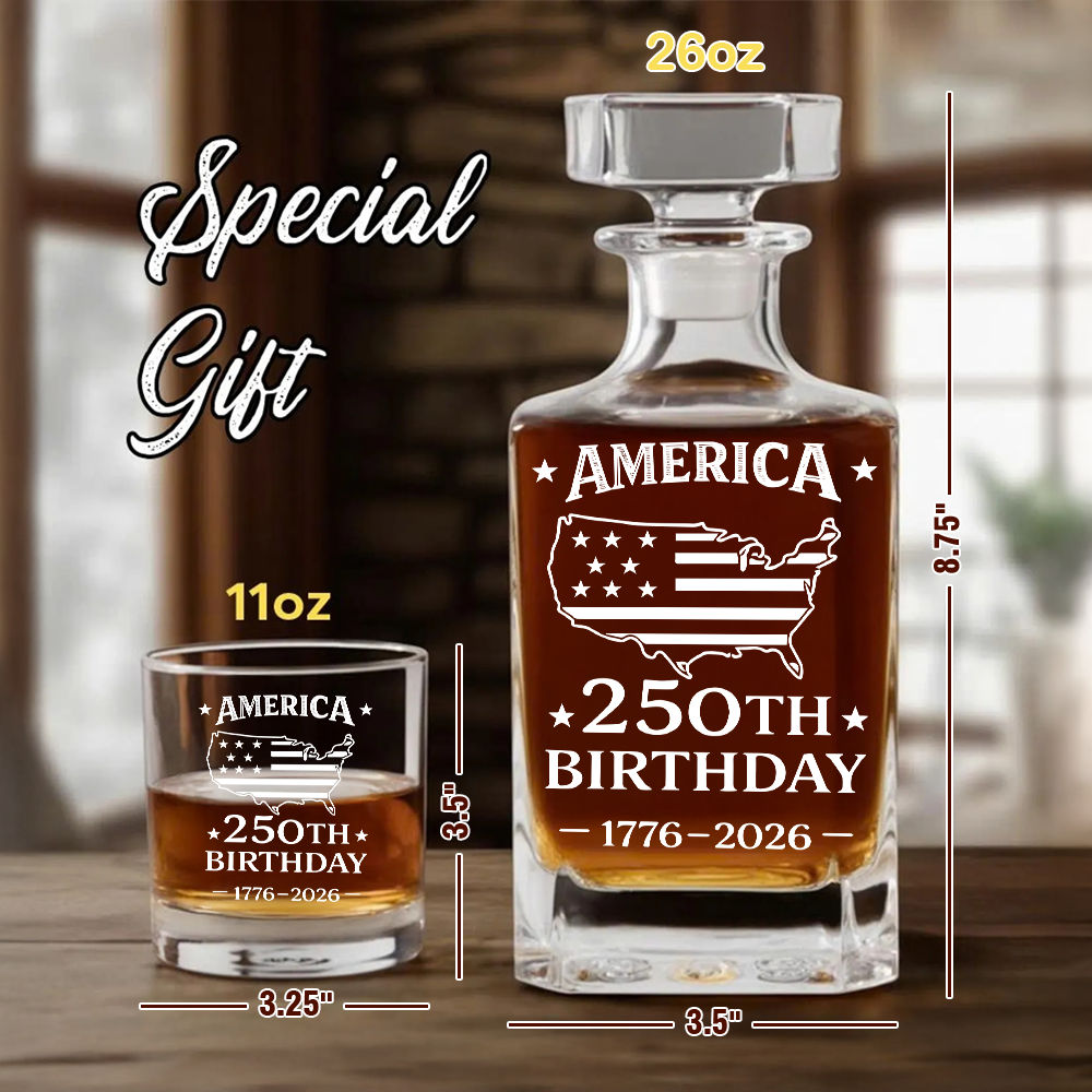 America 250th Birthday Engraved Whiskey Decanter Set, Patriotic USA Map Gift 1776–2026 THUC99