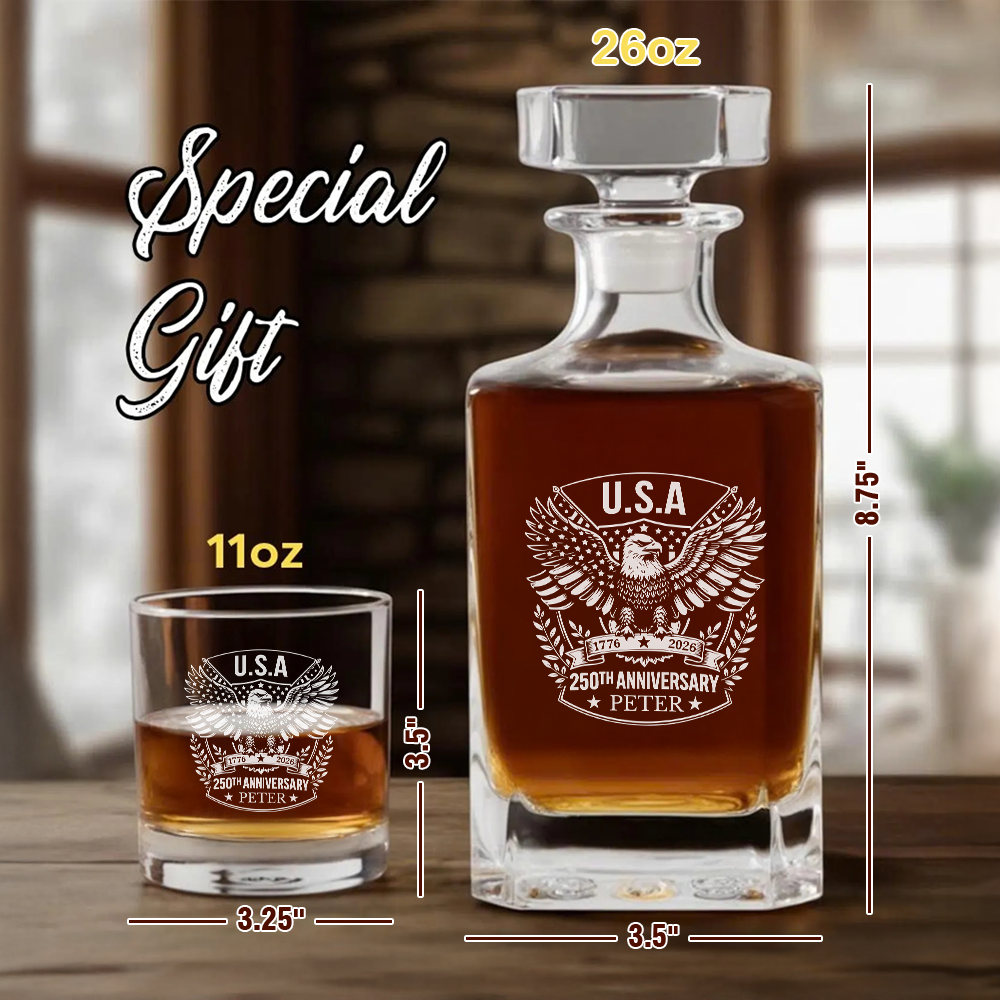 Custom Name Eagle USA 250th Anniversary Engraved Whiskey Decanter Set, Patriotic Bourbon Gift THUC99