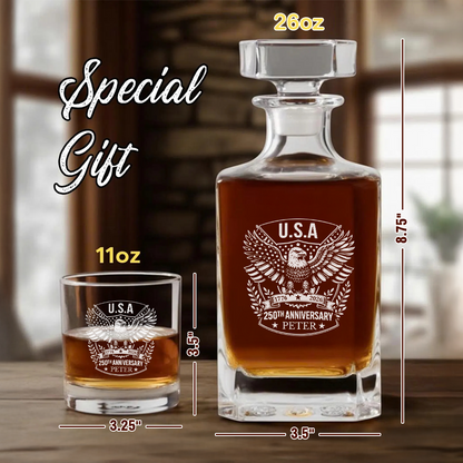 Custom Name Eagle USA 250th Anniversary Engraved Whiskey Decanter Set, Patriotic Bourbon Gift THUC99