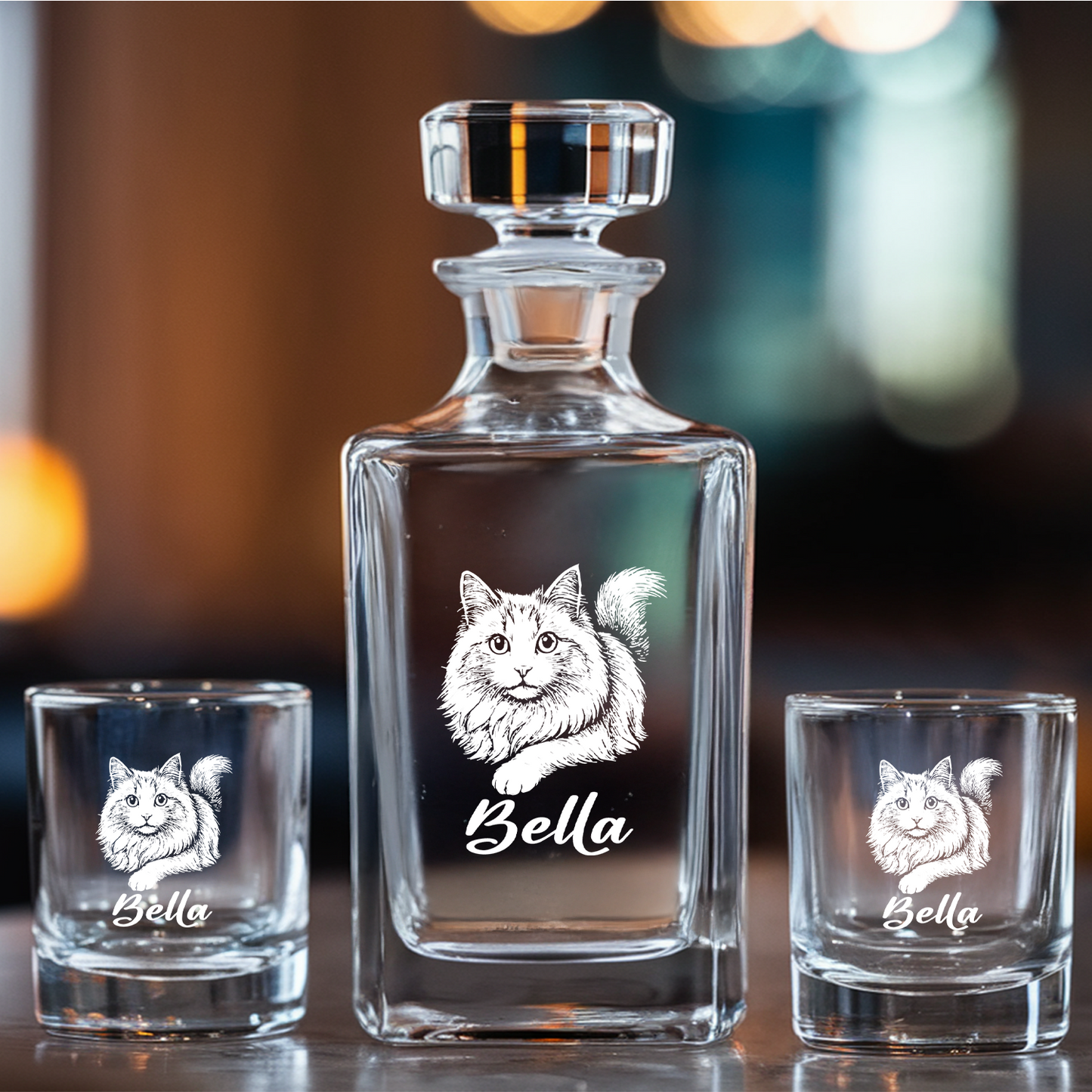 Custom Cat Photo Whiskey Glass And Decanter Set | Personalized Cat Photo Decanter | Gift For Cat Lover | Pet Memorial Gift TNN01