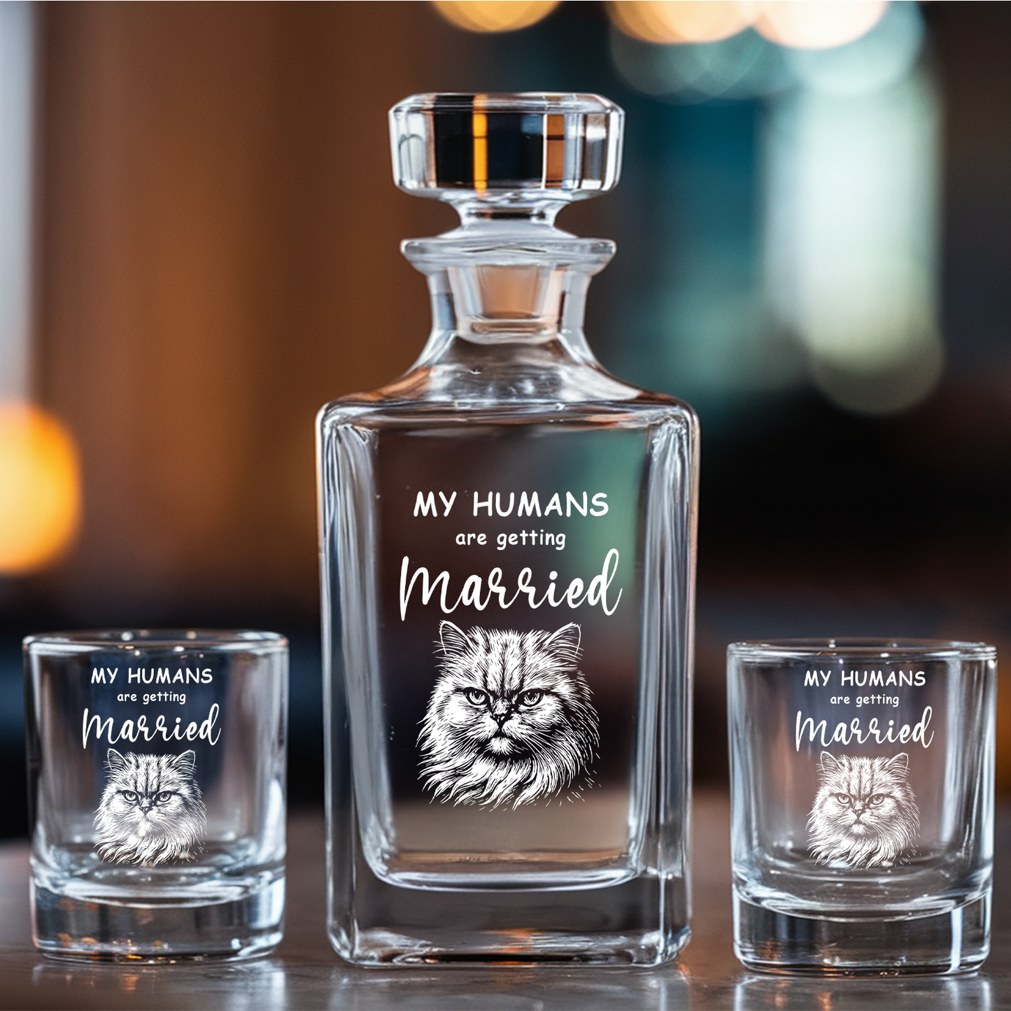 Custom Cat Photo Whiskey Glass And Decanter Set | Personalized My Humans Are Getting Married Decanter | Gift For Cat Lover | Pet Memorial Gift TNN04