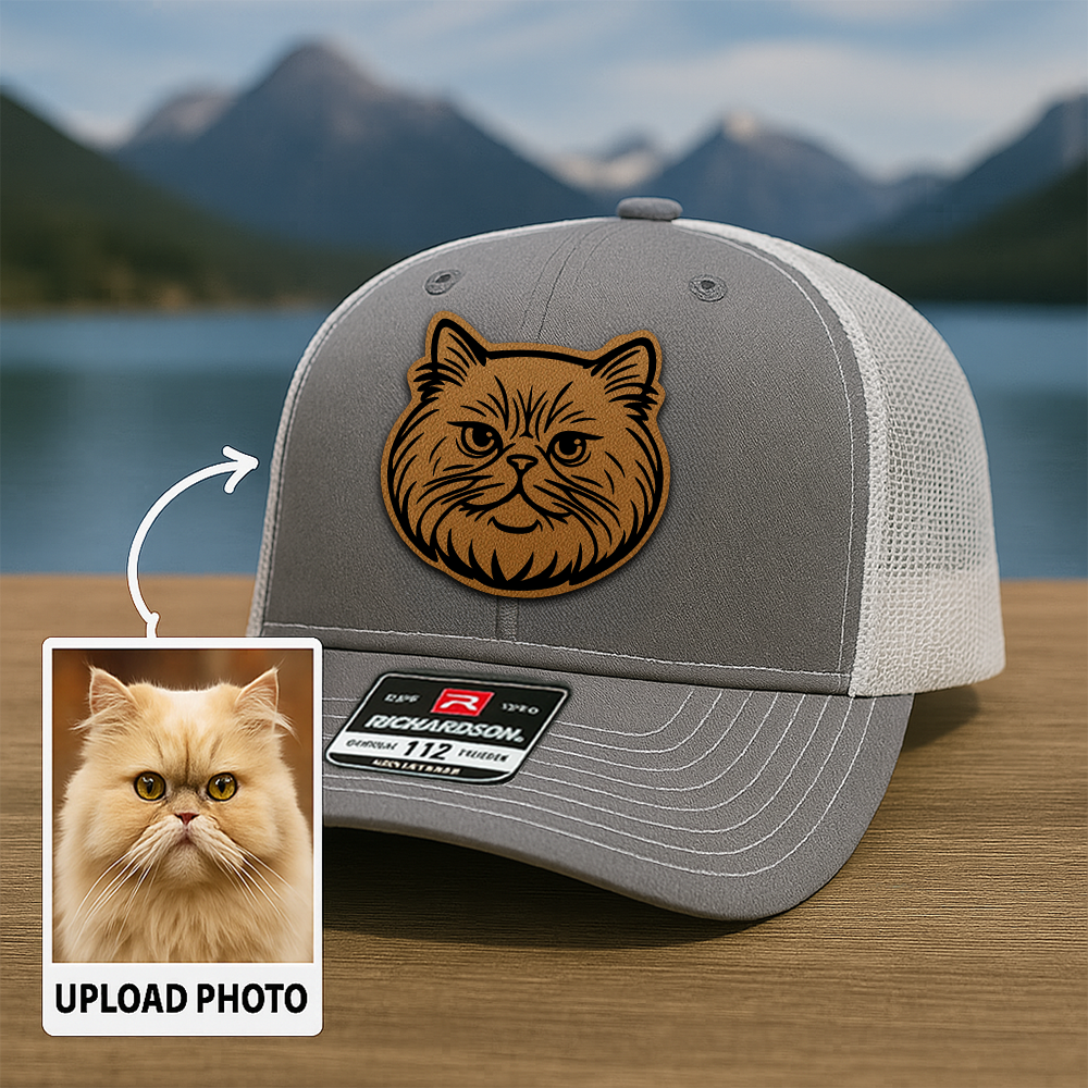 Custom Pet Photo Trucker Hat – Personalized Leather Patch Hat – Cat Portrait Gift – Custom Pet Face Hat P99A12