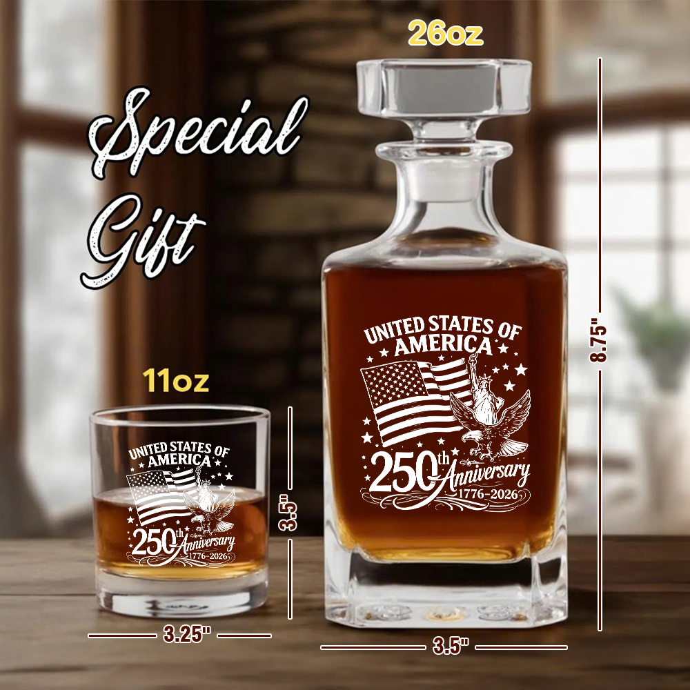 America 250th Anniversary Engraved Whiskey Decanter Set, Patriotic July 4 Gift THUC99