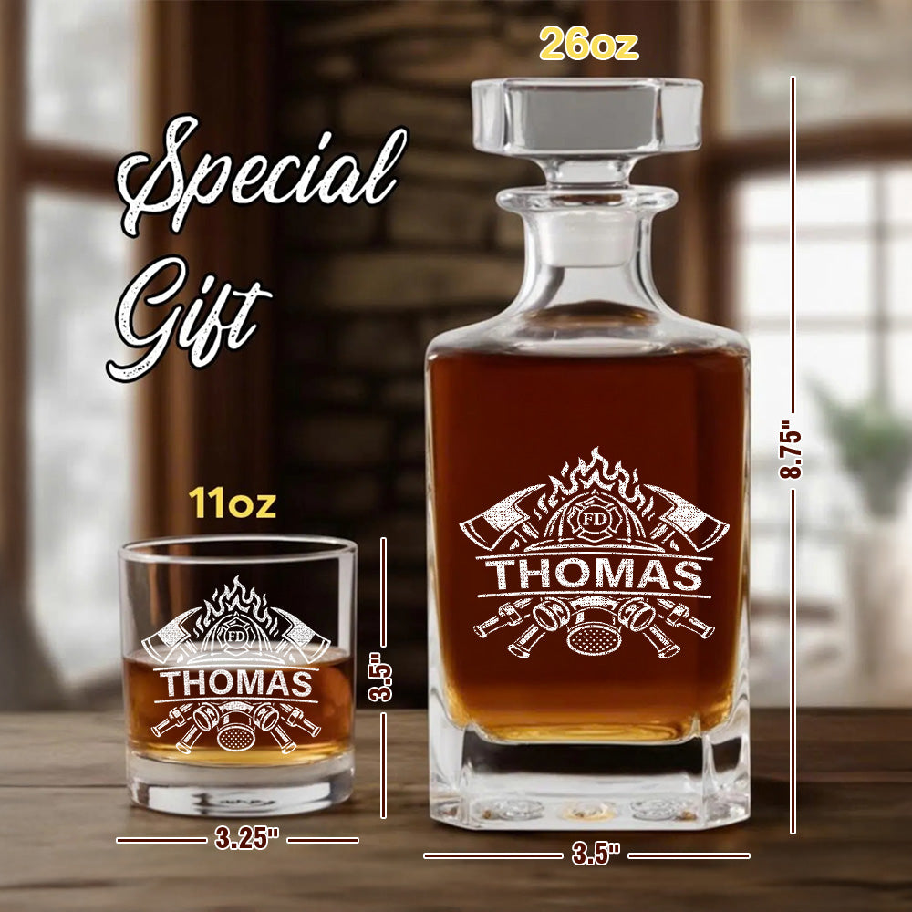 Engraved Firefighter Whiskey Set, Custom Name Decanter & Glass Gift for Heroes