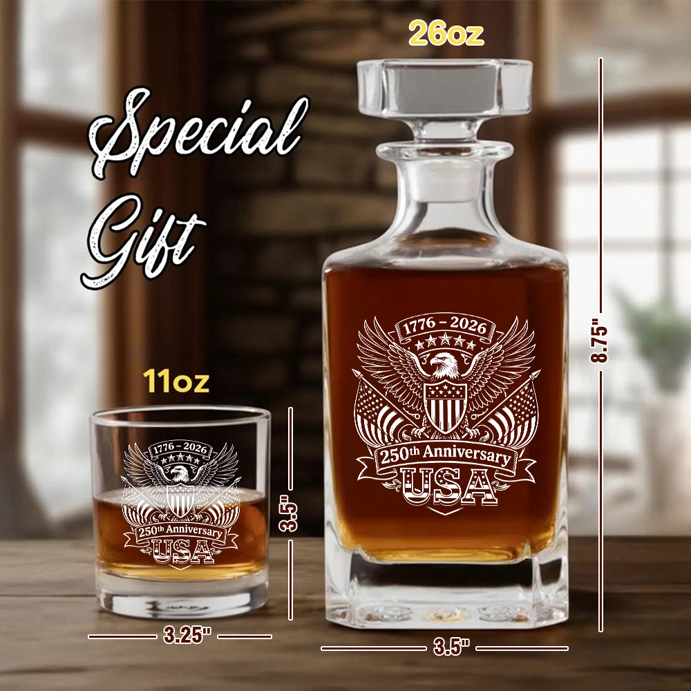 America 1776–2026 250 Years Engraved Whiskey Decanter Set, Patriotic Eagle Bourbon Gift THUC99