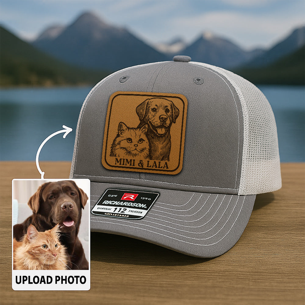 Custom Dog & Cat Photo Trucker Hat | Personalized Pet Patch Leather Patch Hat | Pet Memorial Gift TNGANSP032
