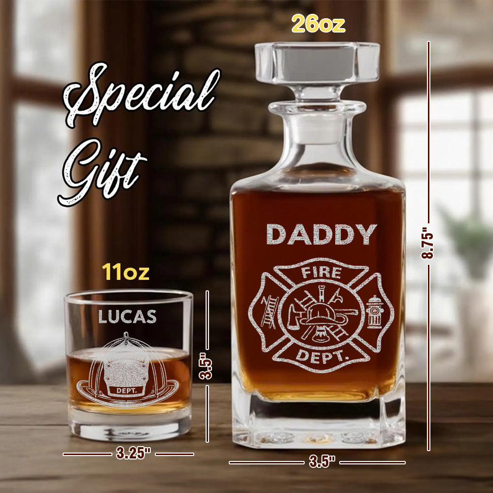 Firefighter Dad Whiskey Decanter Set, Personalized Name Glass Gift for Dad