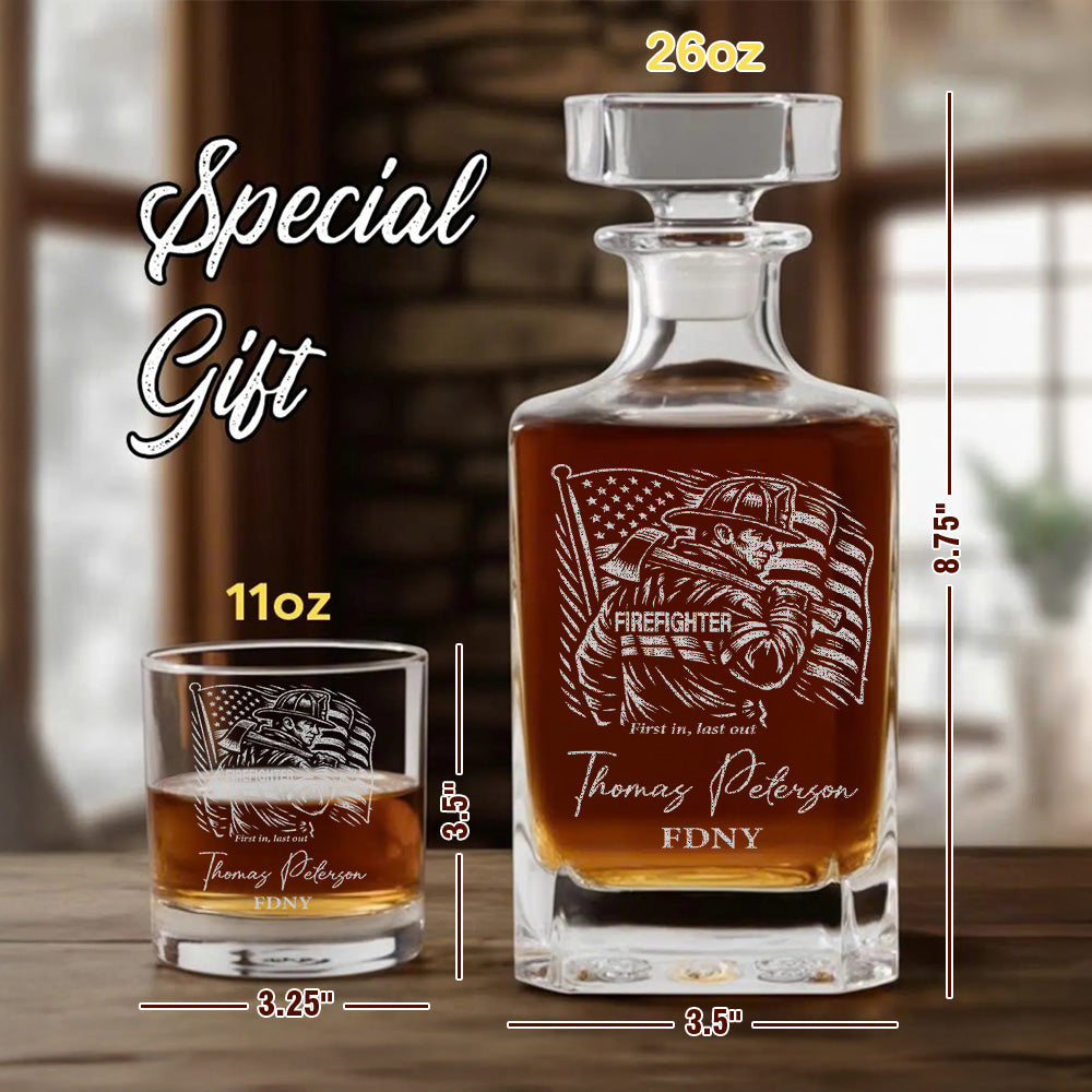 Custom Firefighter Decanter & Whiskey Glass Set, Engraved Name Gift for Firefighters