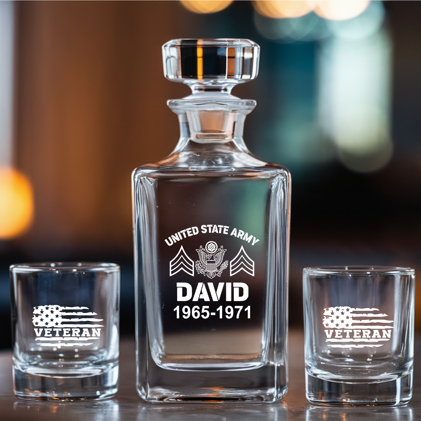 Custom U.S Veteran Whiskey Decanter Set, Personalized Engraved Whiskey Glass, Military Veteran Gift, Gift For Independence Day TND091
