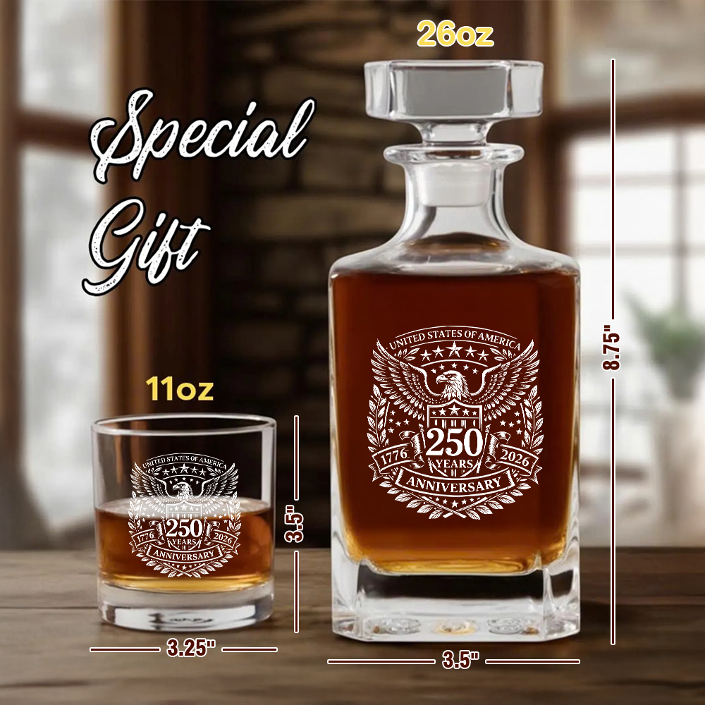 USA 250 Years Anniversary Engraved Whiskey Decanter Set, Patriotic Eagle Bourbon Glassware 1776–2026 THUC99