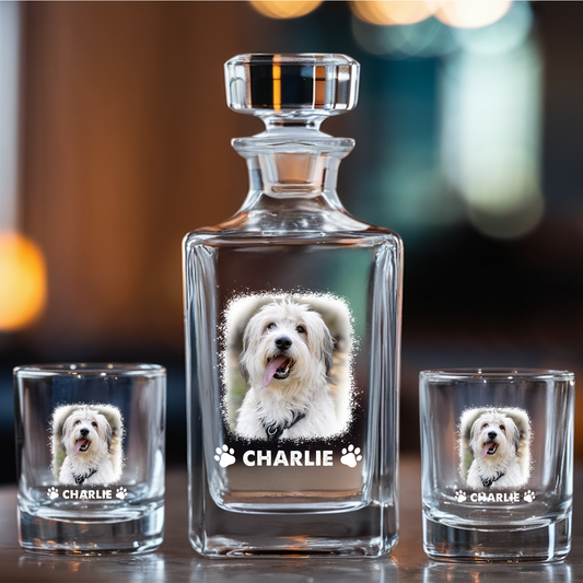 Custom Photo Pet Decanter With Whiskey Glass, Dog Portrait Picture Glass, Dog Dad Gift