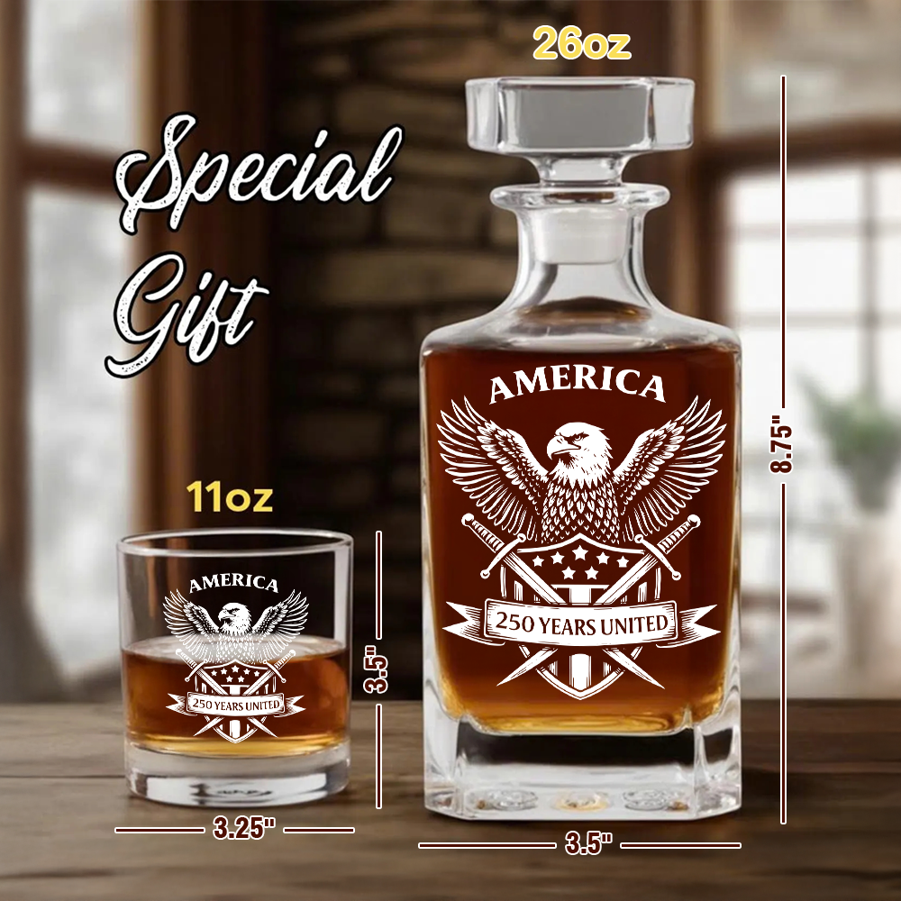America 250 Years United Engraved Whiskey Decanter Set, Patriotic Eagle Bourbon Gift 1776–2026 THUC99