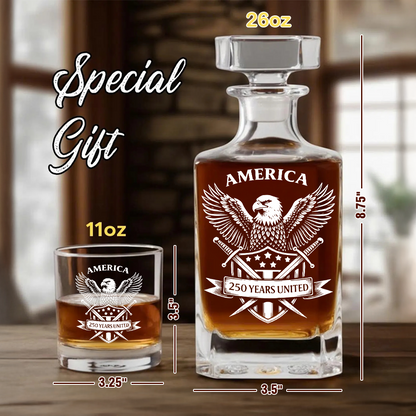 America 250 Years United Engraved Whiskey Decanter Set, Patriotic Eagle Bourbon Gift 1776–2026 THUC99
