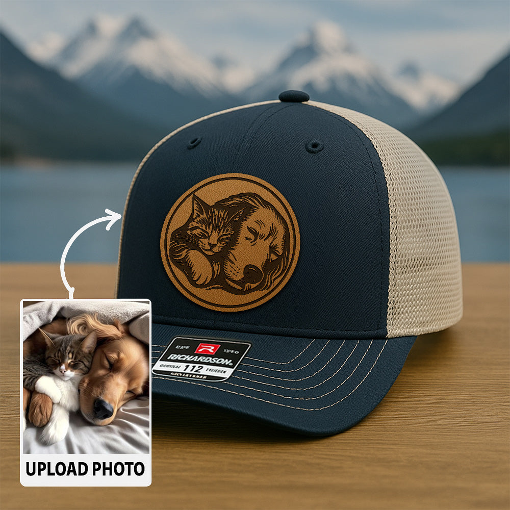 Custom Pet Photo Trucker Hat | Personalized Dog & Cat Patch Leather Patch Hat | Gift For Pet Lovers TNGANSP016