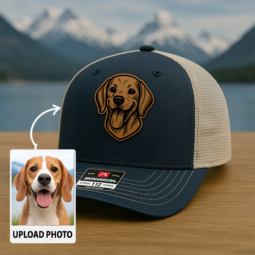 Custom Pet Photo Trucker Hat – Personalized Leather Patch Hat – Dog Portrait Gift – Custom Pet Face Hat P999