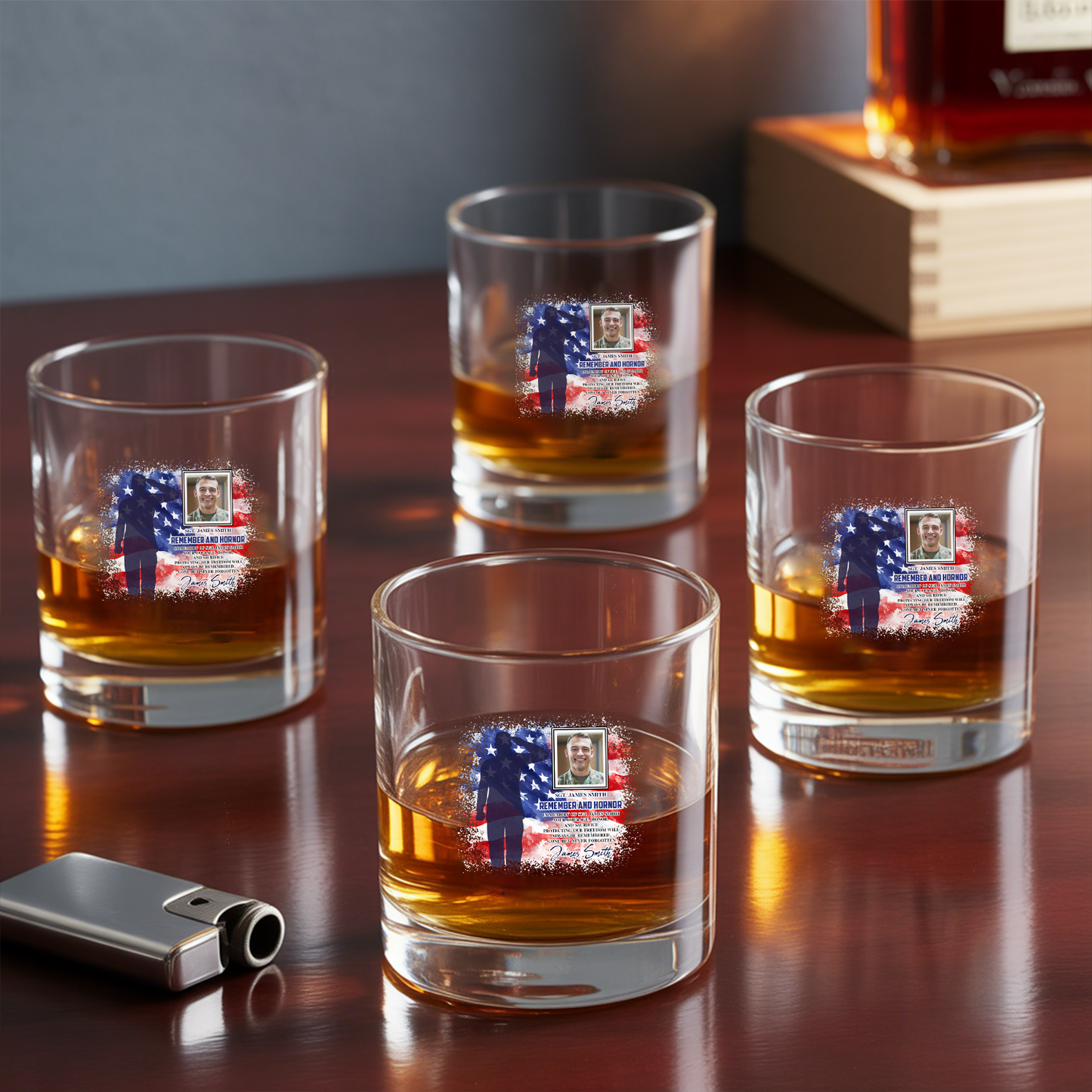 Custom Photo Memorial Military 4th of July Decanter With Whiskey Set, Military Soldier Gift, Patriotic Gift for Veterans, Gift For Independence Day, Veteran Whiskey Glass TND099