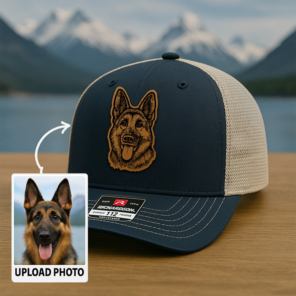 Custom Pet Photo Trucker Hat – Personalized Leather Patch Hat – Dog Owner Gift – Custom Pet Hat PH009