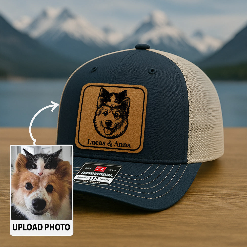 Custom Pet Photo Trucker Hat – Personalized Leather Patch Hat – Dog Portrait Gift – Custom Pet Face Hat P99A20