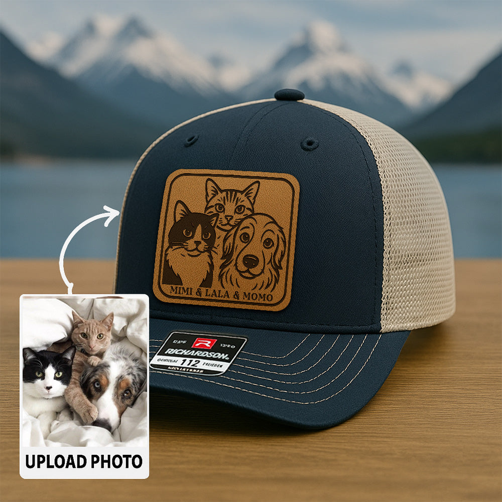 Custom Cat Photo Trucker Hat | Personalized Cat Patch Leather Patch Hat | Gift For Cat Lovers TNGANSP030