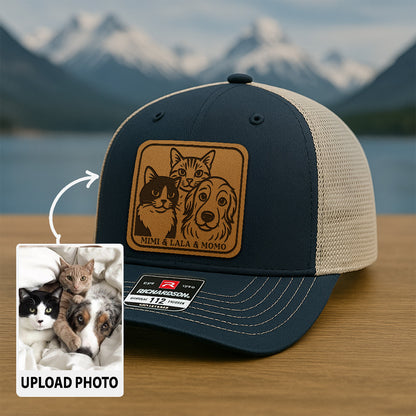 Custom Cat Photo Trucker Hat | Personalized Cat Patch Leather Patch Hat | Gift For Cat Lovers TNGANSP030