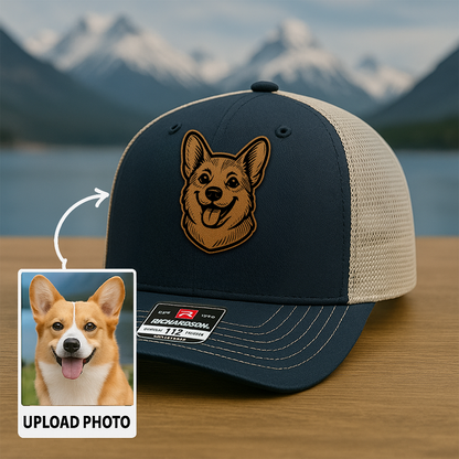 Custom Pet Photo Trucker Hat – Personalized Leather Patch Hat – Dog Portrait Gift – Custom Pet Face Hat P99A9