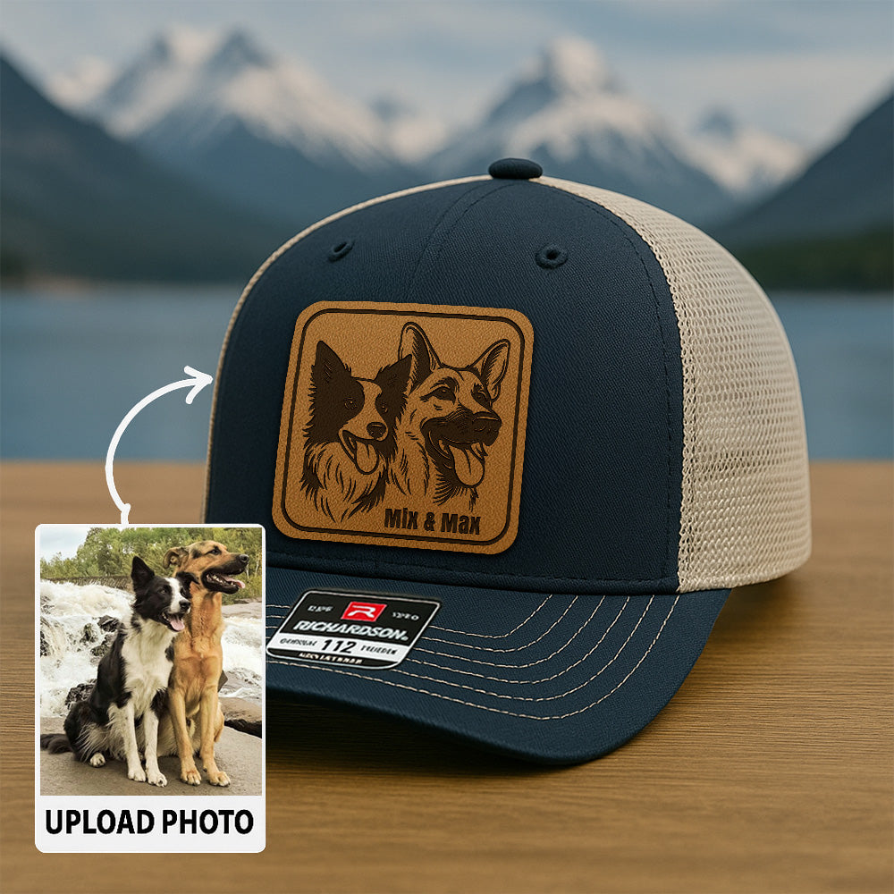 Custom Dog Photo Trucker Hat | Personalized Pet Patch Leather Patch Hat | Dog Memorial Gift TNGANSP022