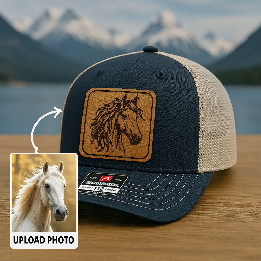 Personalized Horse Photo Leather Patch Hat | Custom Pet Photo Trucker Hat | Unique Gift For Horse Lovers THUC9905