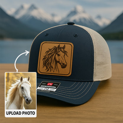 Personalized Horse Photo Leather Patch Hat | Custom Pet Photo Trucker Hat | Unique Gift For Horse Lovers THUC9905