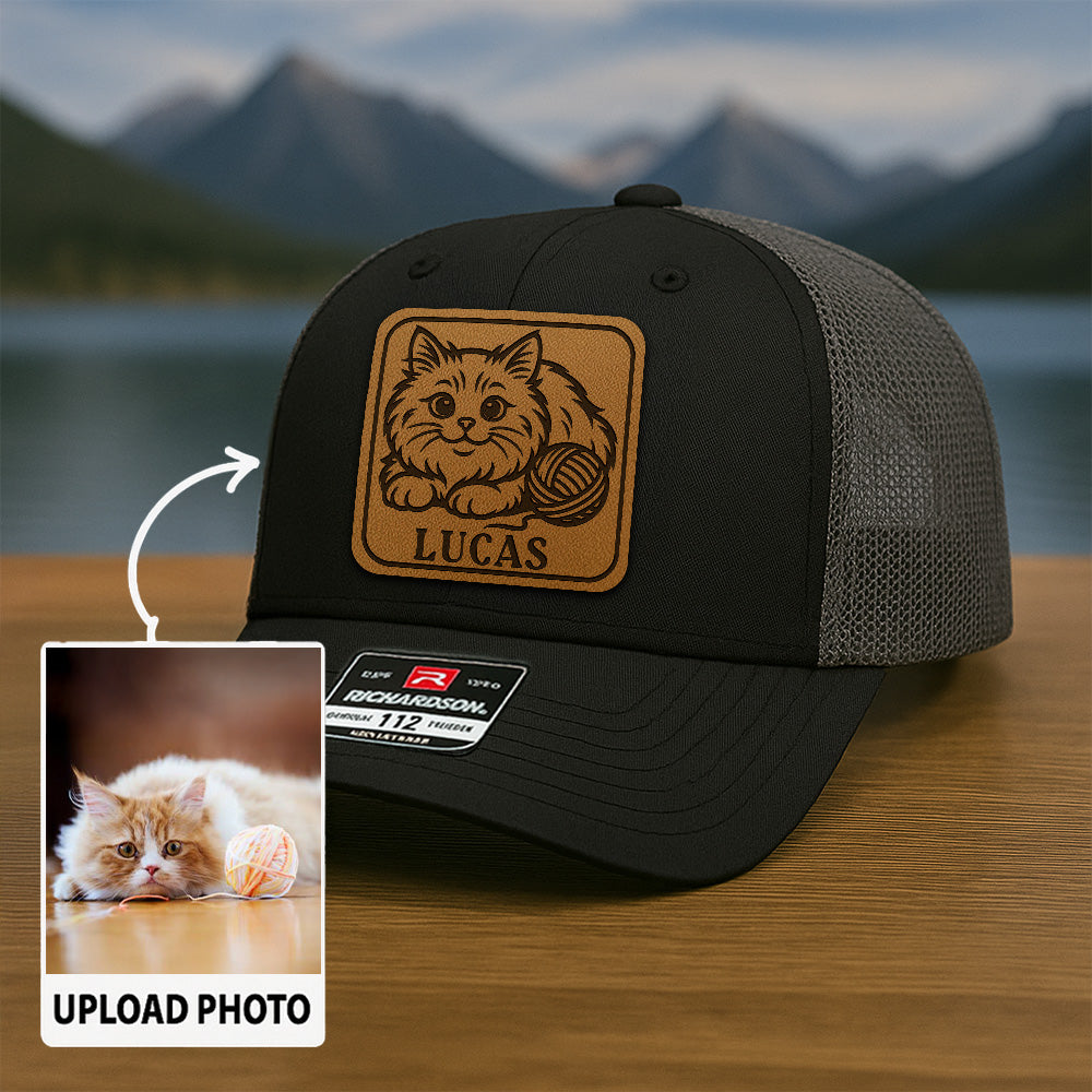 Personalized Cat Photo Leather Patch Hat | Trucker Hat With Cat Photo | Gift For Cat Lover TNGANSP037