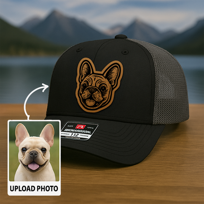 Custom Pet Photo Trucker Hat – Personalized Leather Patch Hat – Dog Portrait Gift – Custom Pet Face Hat P99A8