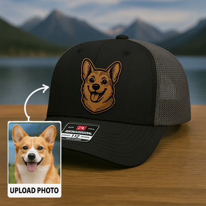 Custom Pet Photo Trucker Hat – Personalized Leather Patch Hat – Dog Portrait Gift – Custom Pet Face Hat P99A9