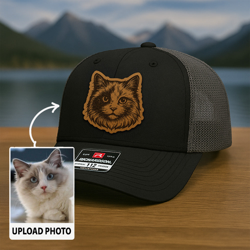 Custom Cat Photo Trucker Hat | Personalized Pet Patch Leather Patch Hat For Cat Lovers | Cat Photo Memorial Gifts THUC99