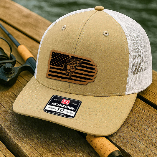 Personalized Fishing Patriotic Trucker Hat – USA Flag and Fish Leather Patch Cap for Him THUC99MF03