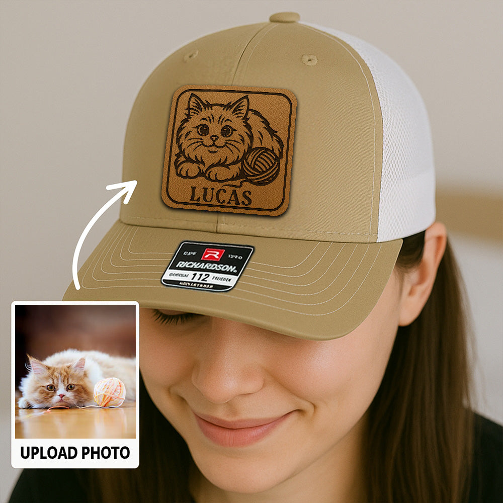 Personalized Cat Photo Leather Patch Hat | Trucker Hat With Cat Photo | Gift For Cat Lover TNGANSP037