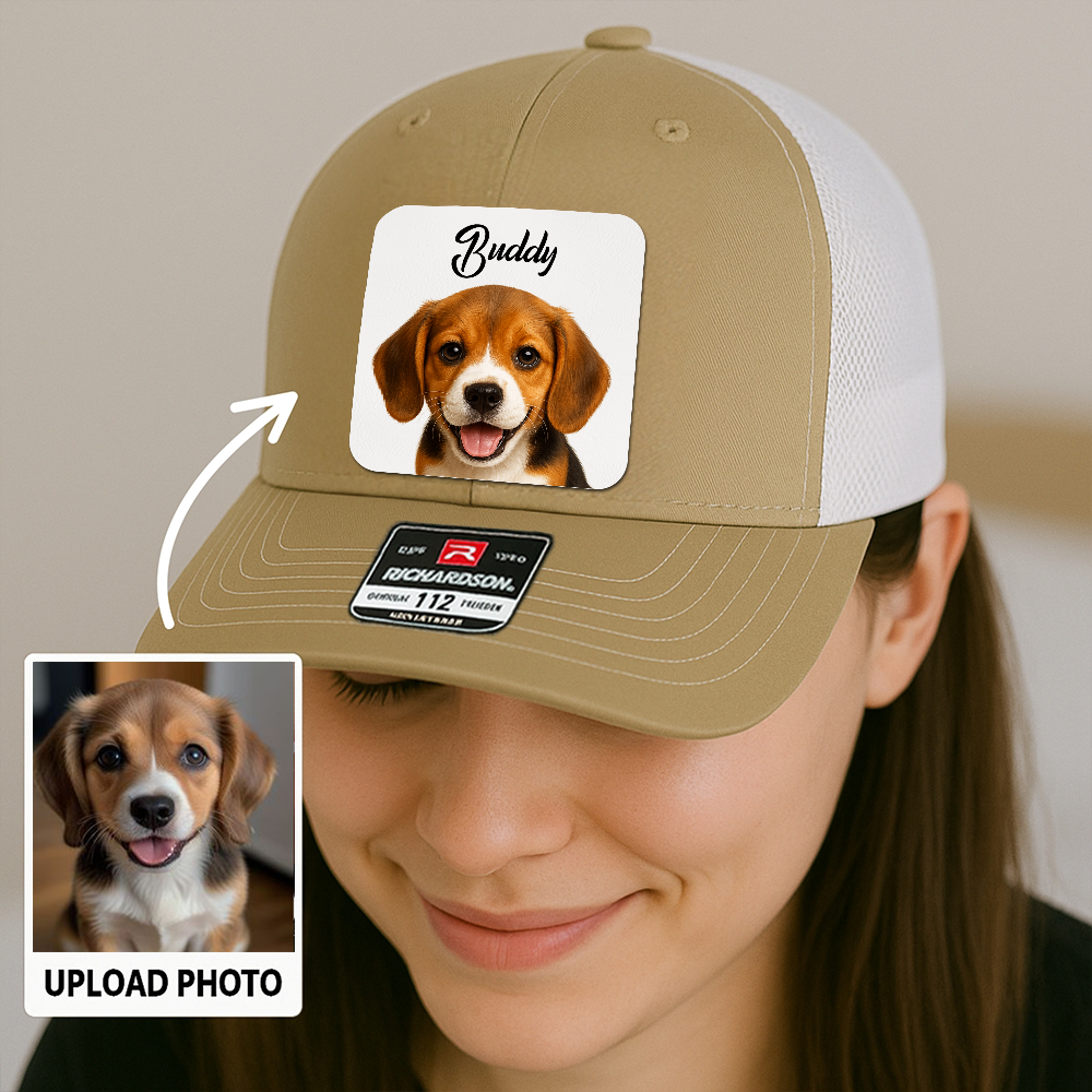 Custom Dog Trucker Cap – Personalized Leather Patch Hat with Printed Pet Face – Gift for Him TH9915