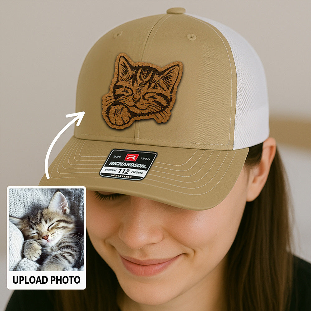Custom Cat Photo Trucker Hat | Personalized Cat Photo Leather Patch Hat | Cat Lover Gift TNGANSP027