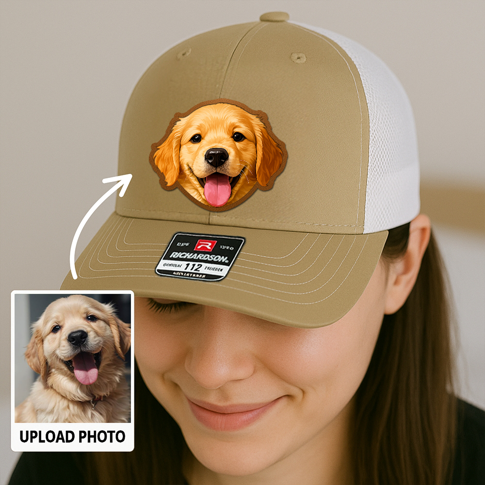 Custom Pet Photo Trucker Hat – Personalized Printed Leather Patch Hat – Dog Dad Gift – Custom Pet Memorial Hat – Pet Photo Printed on Leather Cap TH991