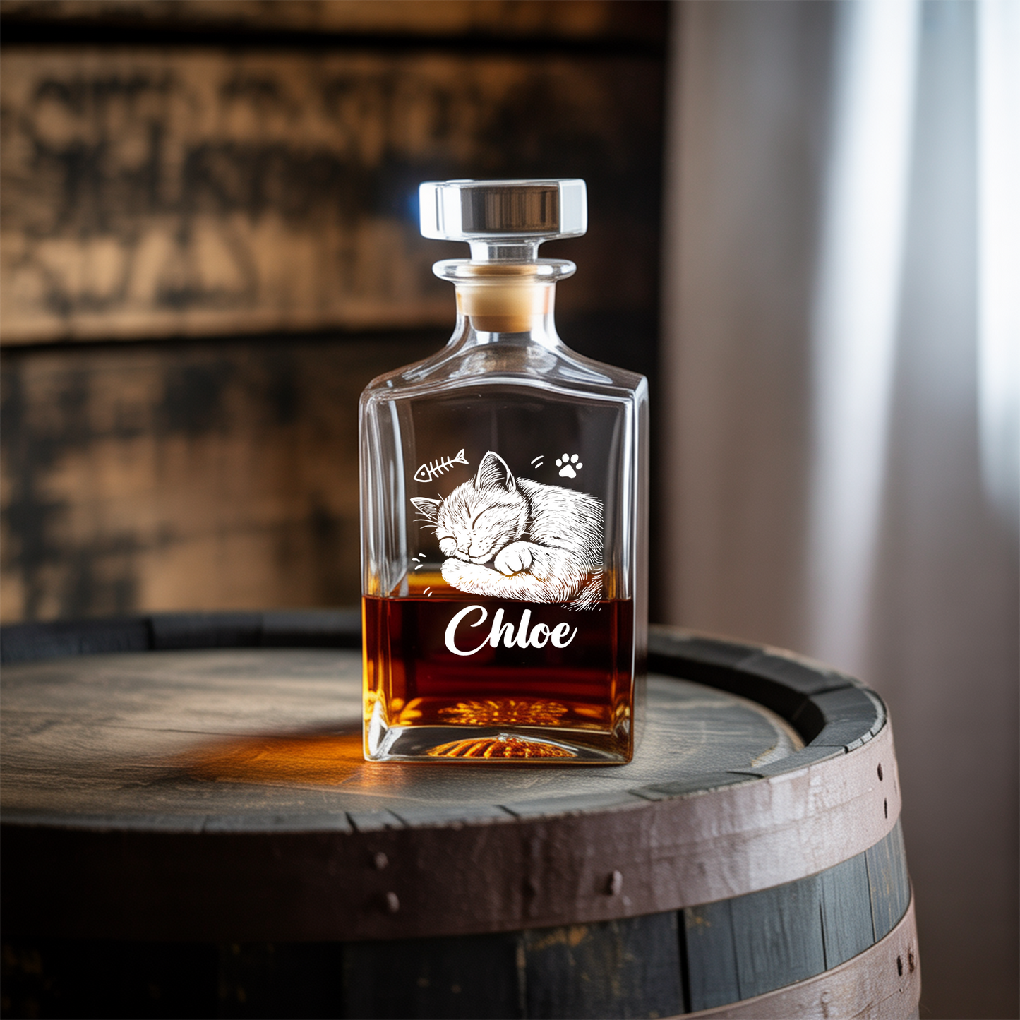 Custom Cat Photo Whiskey Glass And Decanter Set | Personalized Cat Photo Decanter | Gift For Cat Lover | Pet Memorial Gift TNN02