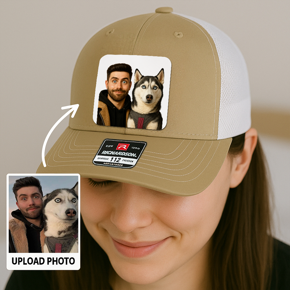 Custom Dog Lover Trucker Hat – Personalized Cap with Pet Photo on Leather Patch – Gift for Pet Owners TH9916