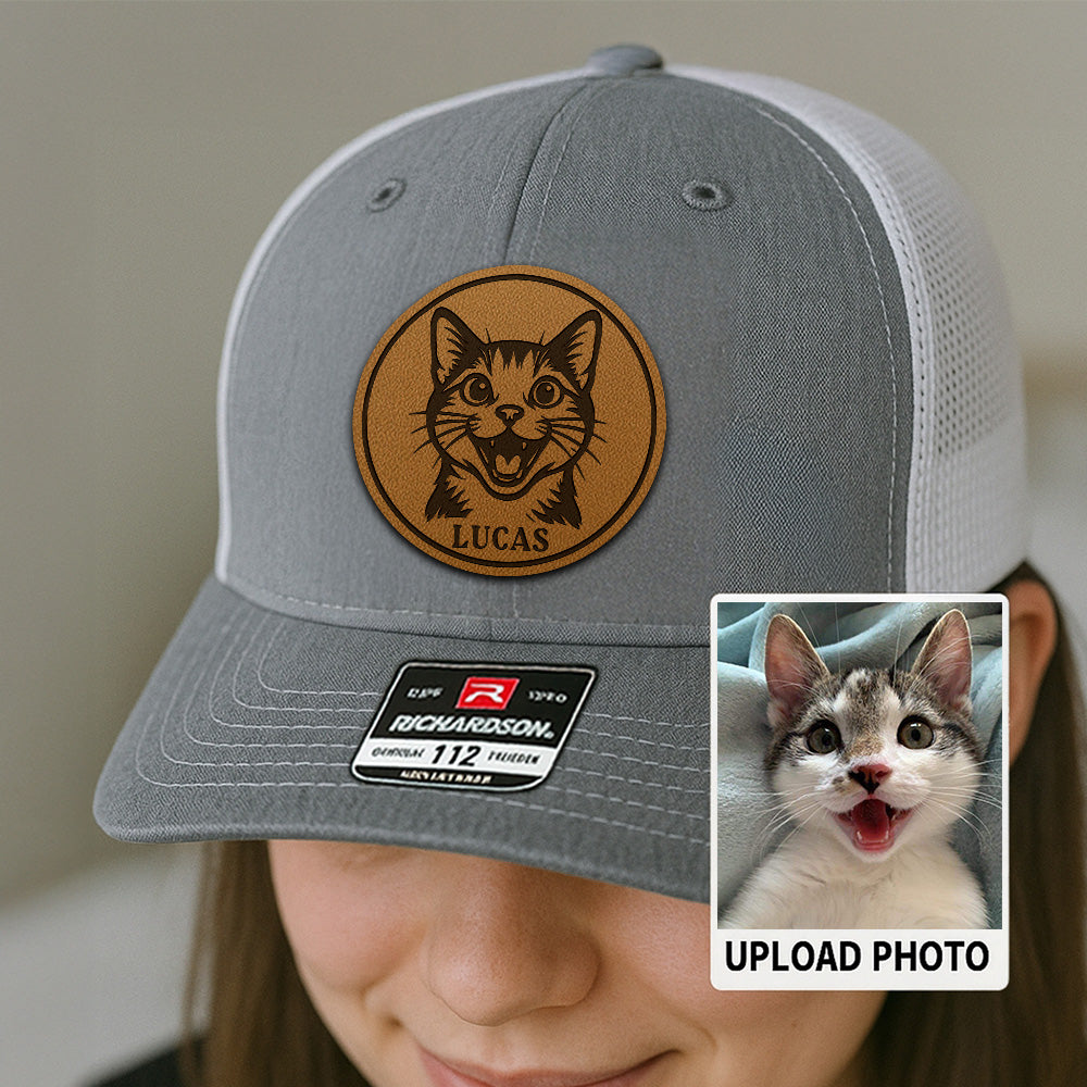 Personalized Cat Photo Leather Patch Hat | Trucker Hat With Cat Photo | Gift For Cat Lover TNGANSP038