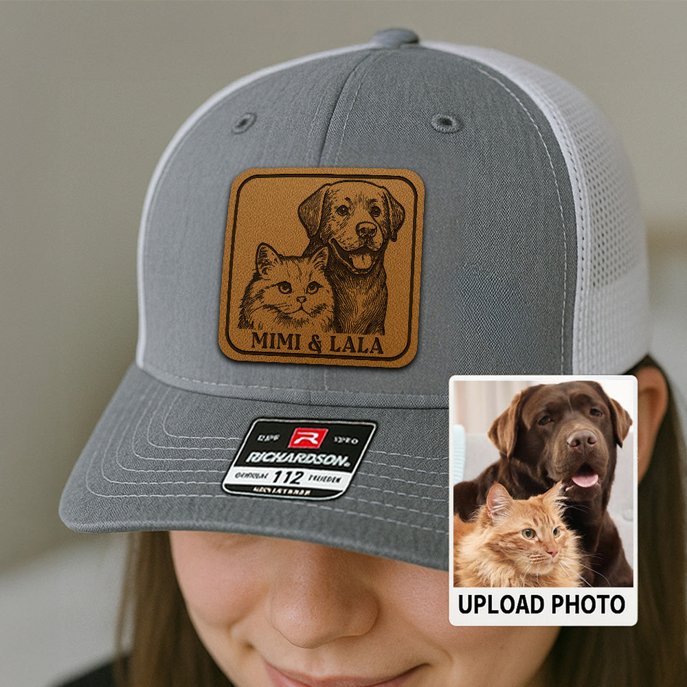 Custom Dog & Cat Photo Trucker Hat | Personalized Pet Patch Leather Patch Hat | Pet Memorial Gift TNGANSP032