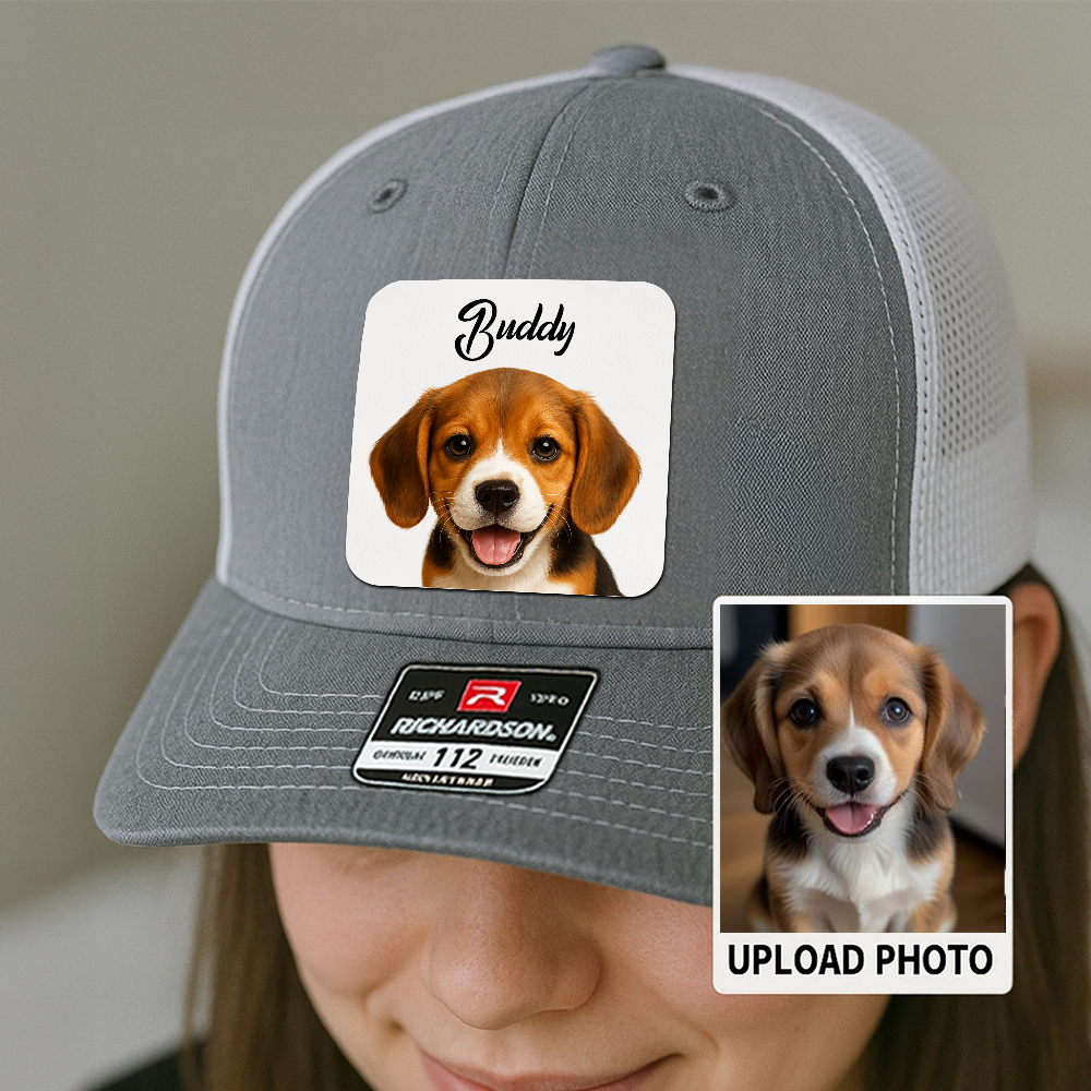 Custom Dog Trucker Cap – Personalized Leather Patch Hat with Printed Pet Face – Gift for Him TH9915