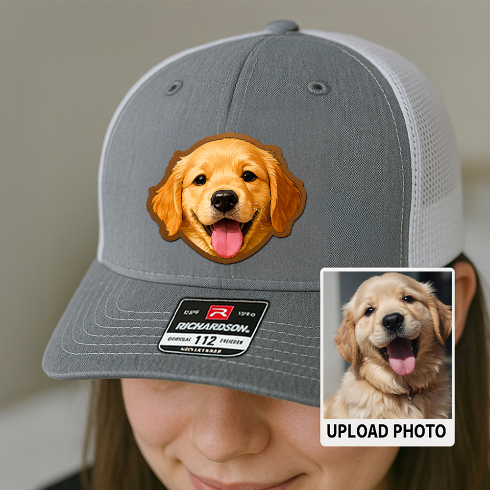 Custom Pet Photo Trucker Hat – Personalized Printed Leather Patch Hat – Dog Dad Gift – Custom Pet Memorial Hat – Pet Photo Printed on Leather Cap TH991