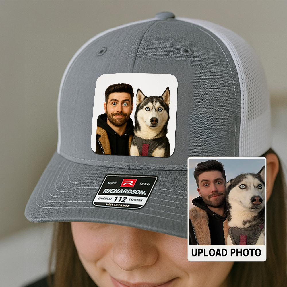 Custom Dog Lover Trucker Hat – Personalized Cap with Pet Photo on Leather Patch – Gift for Pet Owners TH9916
