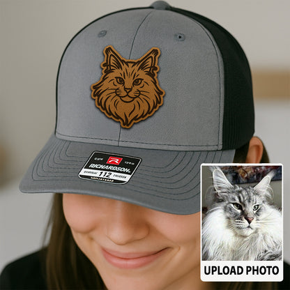 Custom Cat Photo Trucker Hat | Personalized Cat Photo Leather Patch Hat | Gift For Cat Lover TNGANSP028