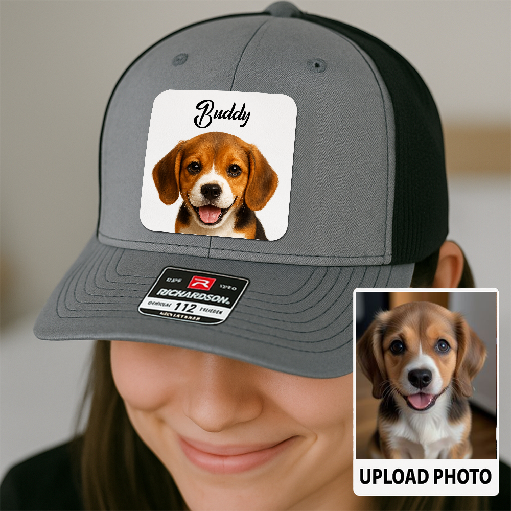 Custom Dog Trucker Cap – Personalized Leather Patch Hat with Printed Pet Face – Gift for Him TH9915