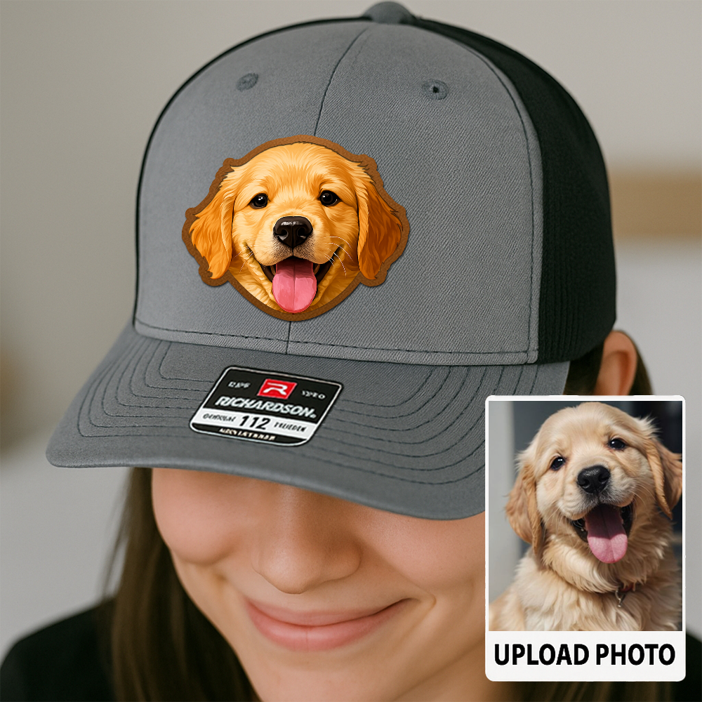 Custom Pet Photo Trucker Hat – Personalized Printed Leather Patch Hat – Dog Dad Gift – Custom Pet Memorial Hat – Pet Photo Printed on Leather Cap TH991